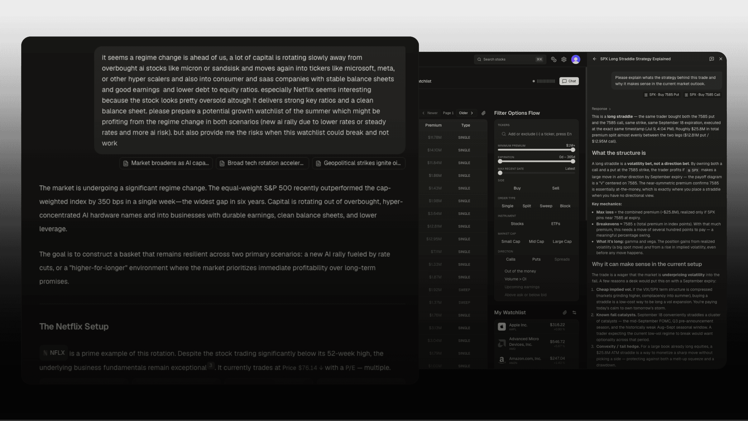 The agent working from a prompt — a request for a regime-change-proof growth watchlist, with three articles attached, and the analysis it wrote back.