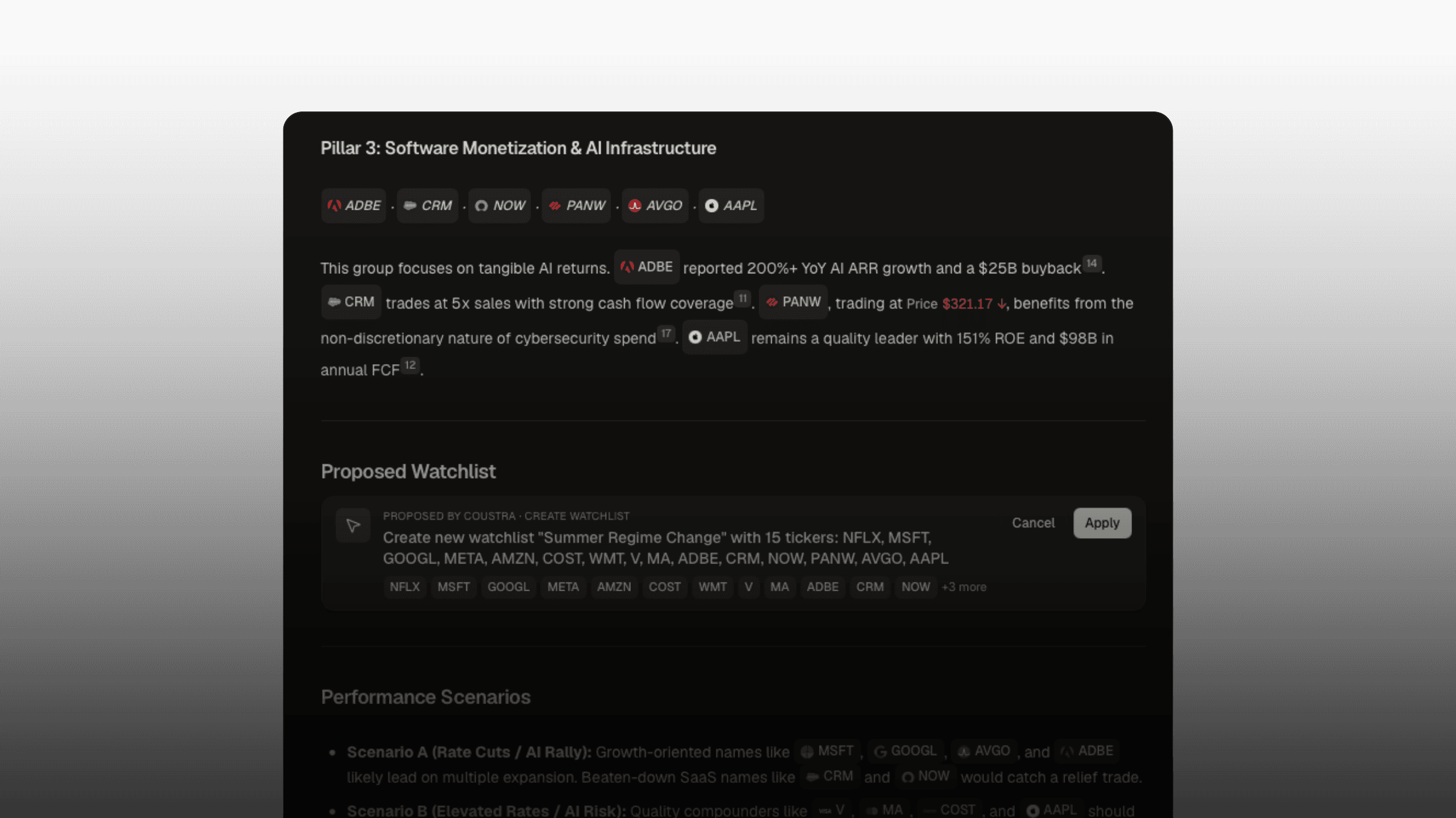 A chat answer with a proposed-watchlist widget — ticker chips, live price chips, inline citations, and Cancel / Apply actions.