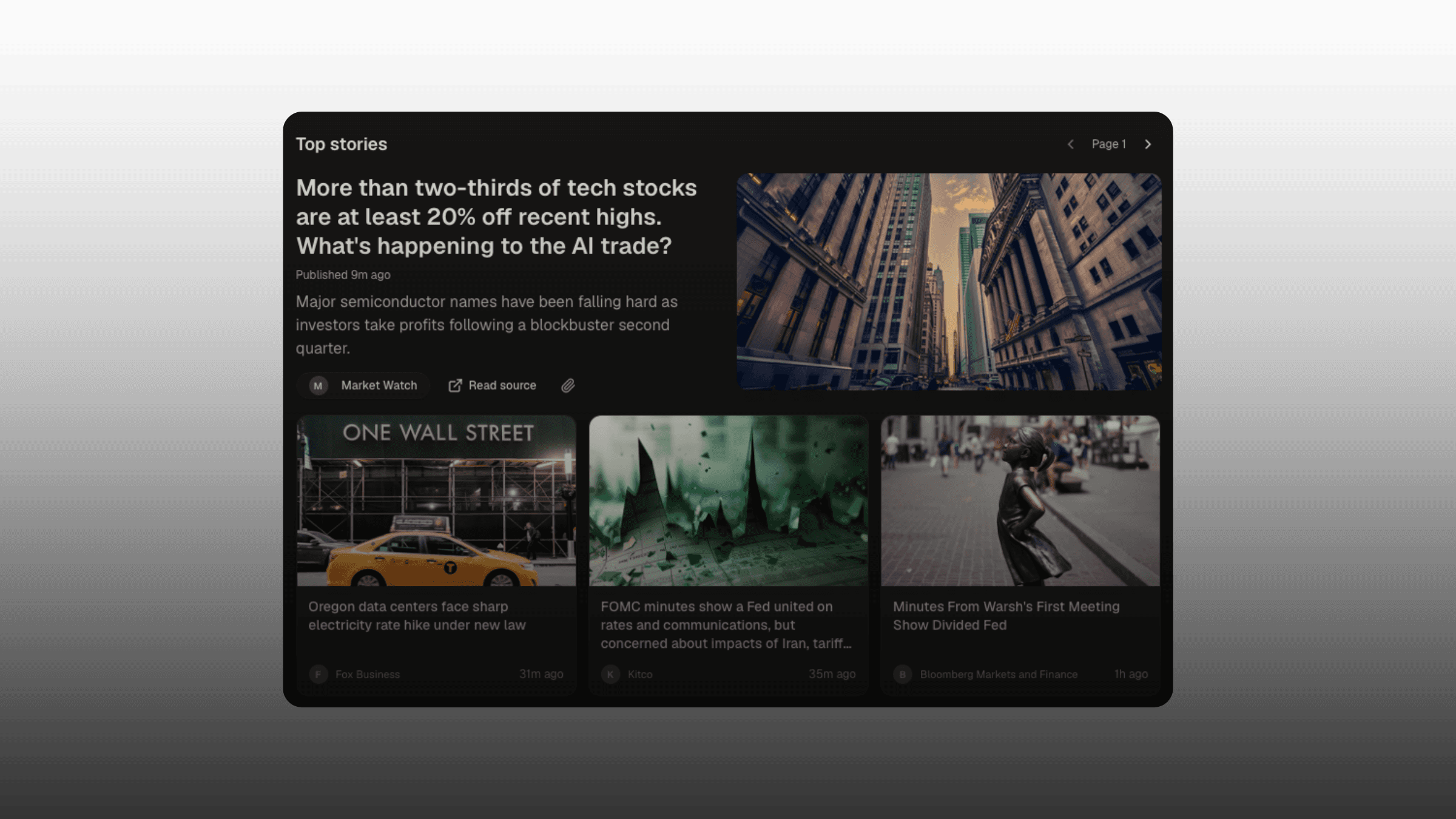 The Top stories feed — news cards with source, timestamp, headline, and summary.