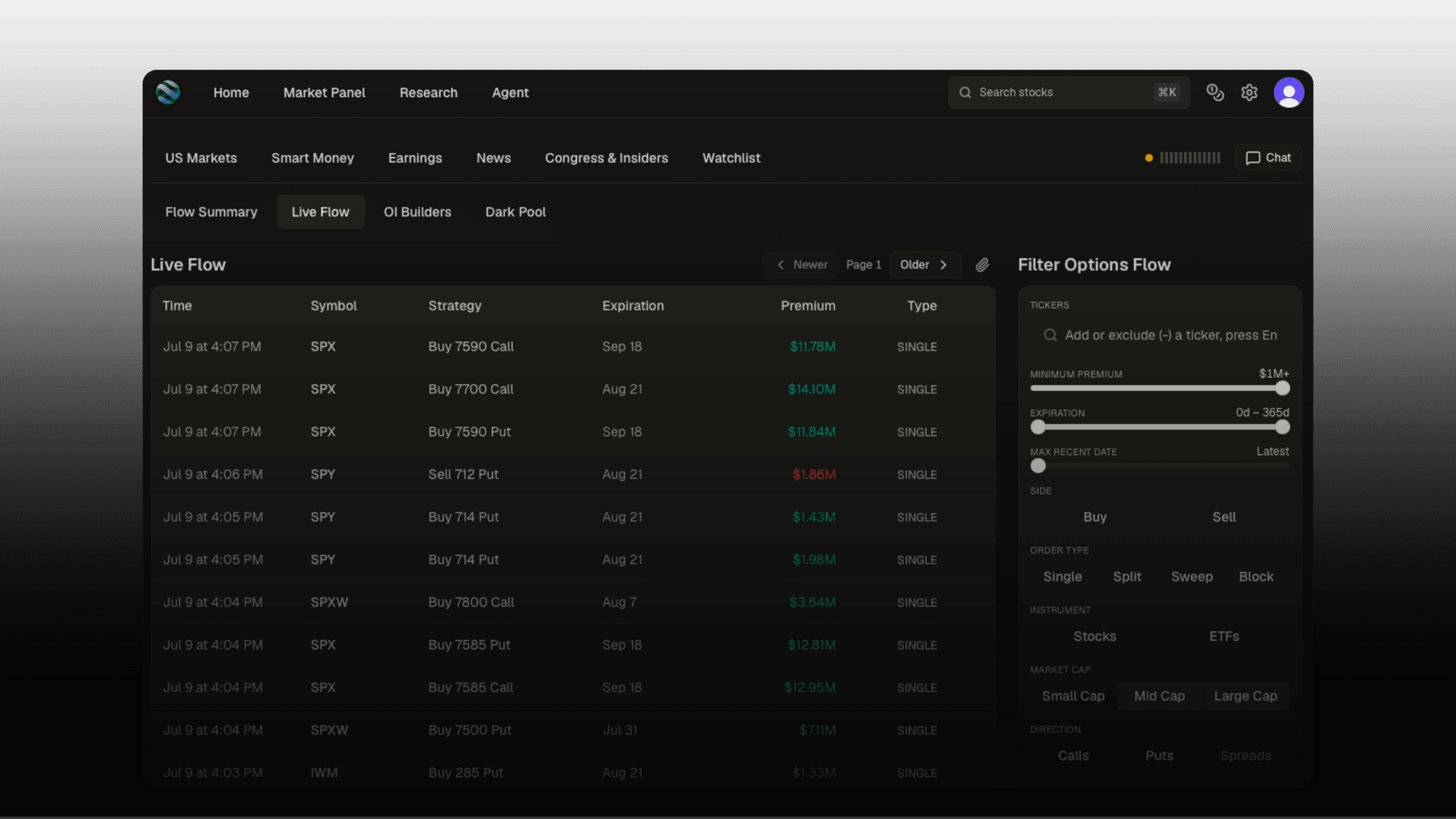 The Live Flow tape — the options-flow table with time, symbol, strategy, expiration, and premium, beside the flow filters: ticker, premium floor, expiration, side, and order type.