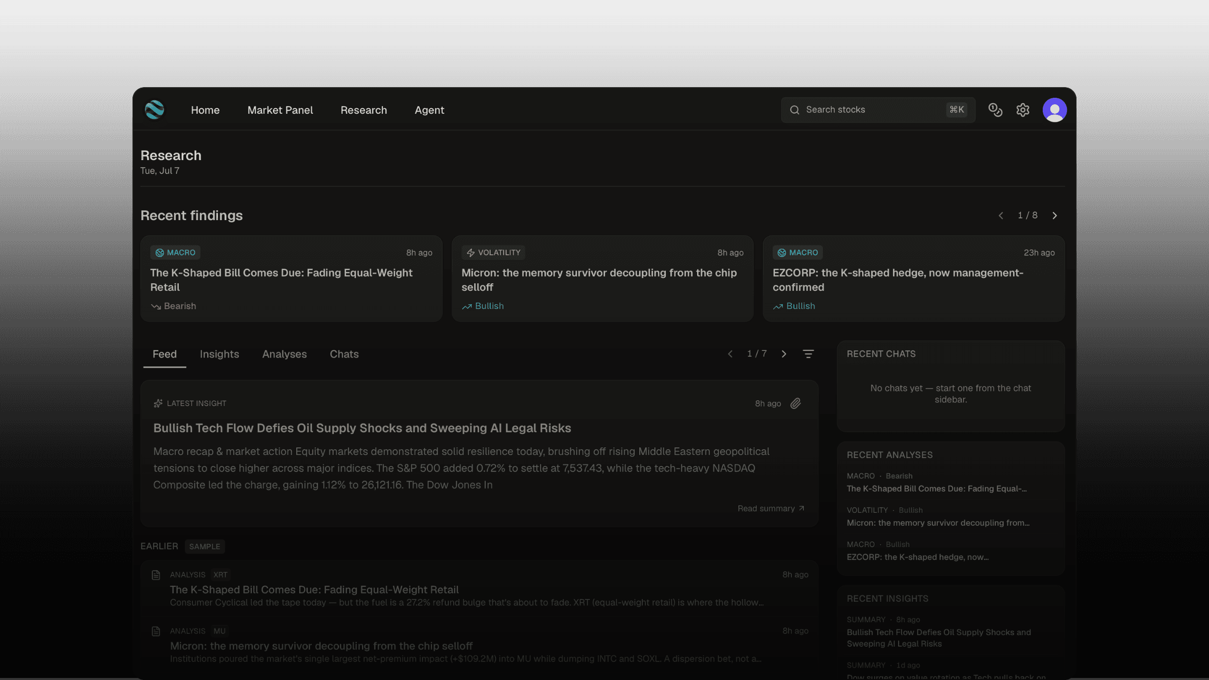 The Research hub — Recent findings up top, the Feed / Insights / Analyses / Chats tabs, and recent chats and analyses in the aside.