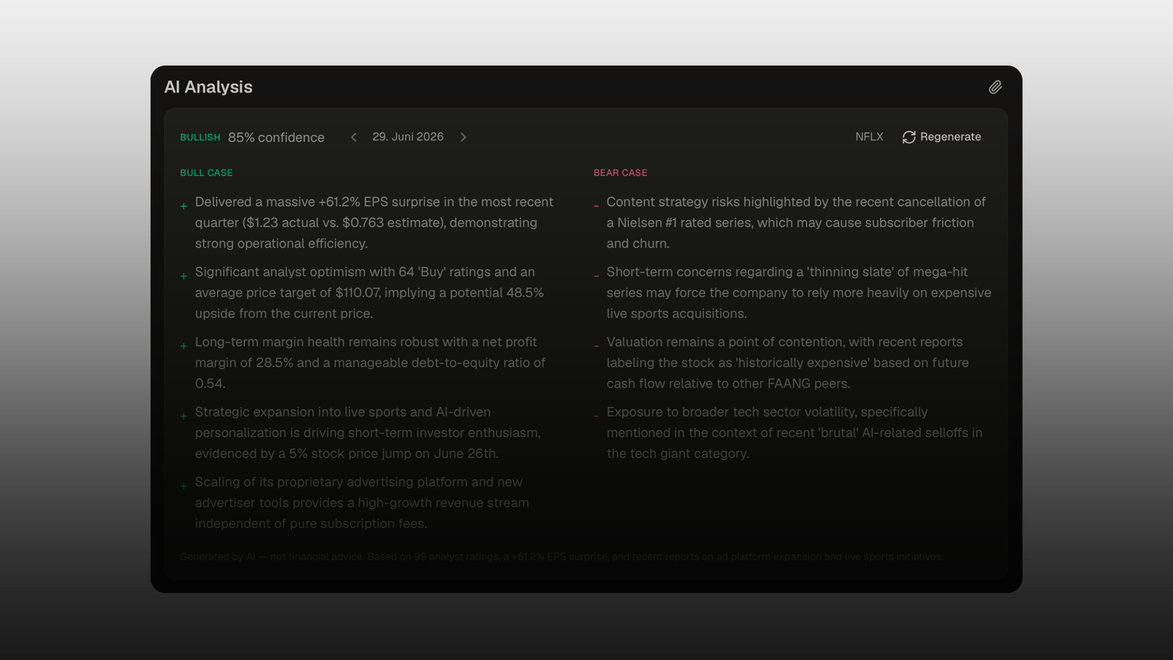 The AI Analysis card — bull case and bear case side by side, with the sentiment chip and confidence score