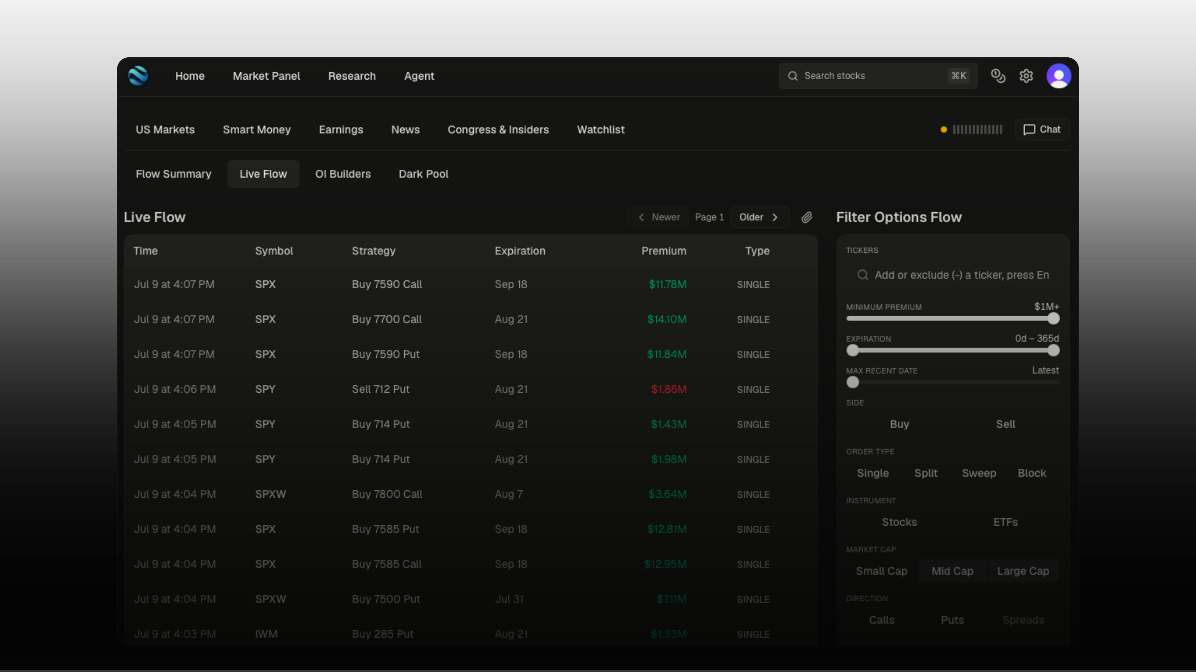 The live options tape — time, symbol, strategy, expiration and premium, with the flow filters beside it